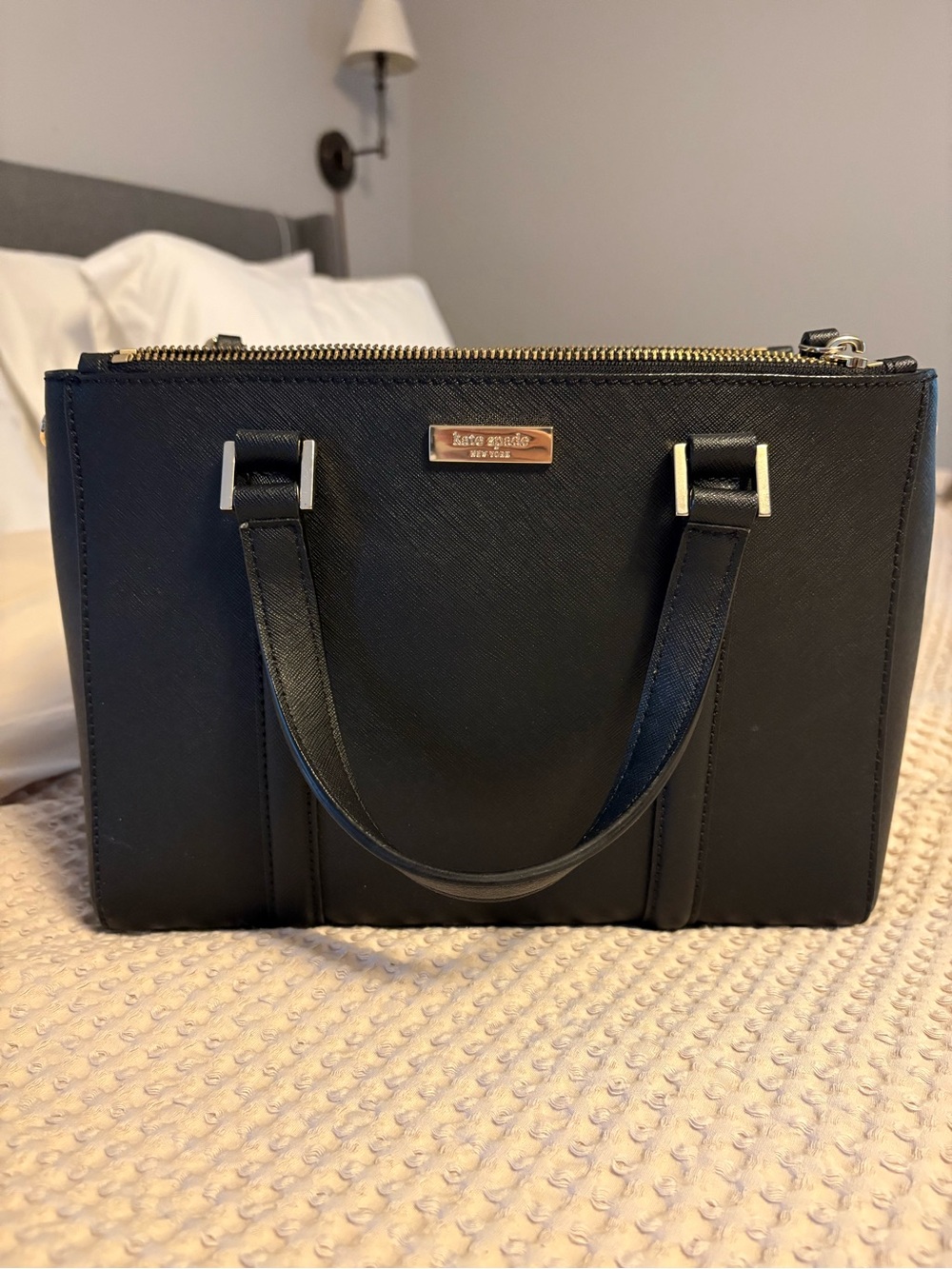 kate spade black structured saffiano satchel with gold hardware